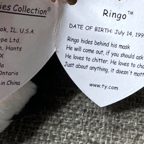 Ty Beanie Babies 1995 Retired Ringo Raccoon Plush Toy - Picture 7 of 8